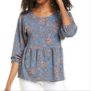 NEW Bobeau Babydoll 3/4 Sleeves Floral Print Teal/ Terracotta Blouse Crew Neck M